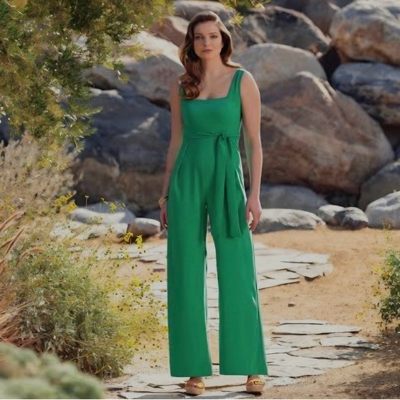 ANTONIO MELANI Pants - ANTONIO MELANI Catherine Emerald Green Wide Leg Square Neck Jumpsuit